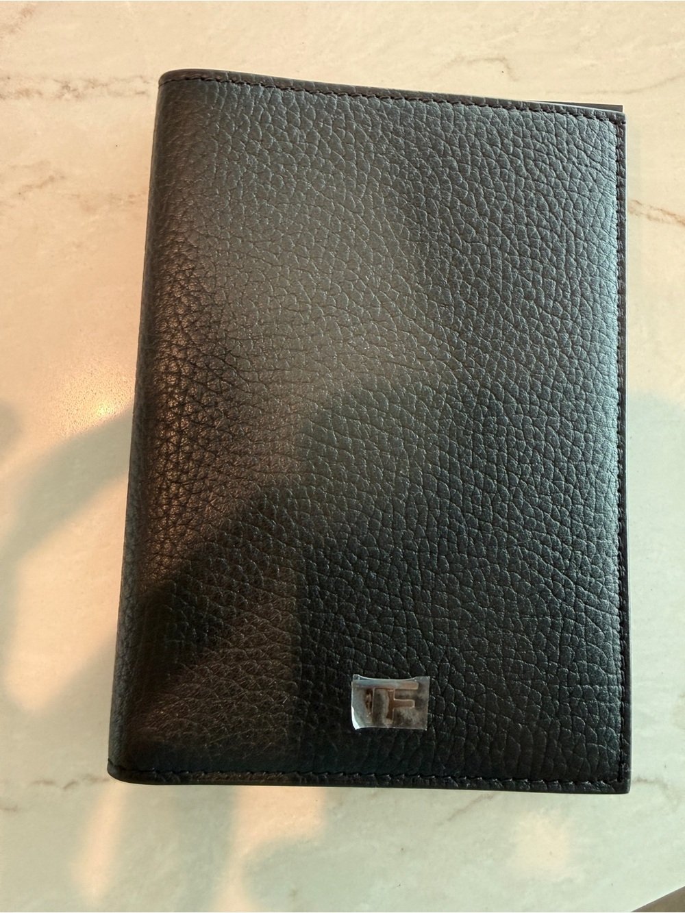 Authentic Tom Ford Black Pebbled Leather Passport Wallet with Silver Logo